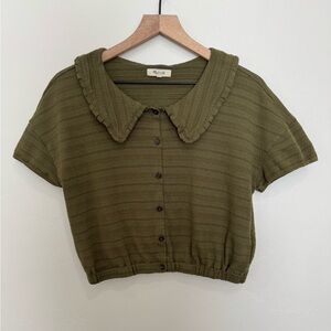 Madewell Kale Green Ruffle Collar Crop Top M Twee Peter Pan Collar Puff Sleeve